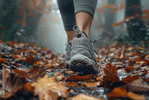 A person is walking through a forest with leaves on the ground photo