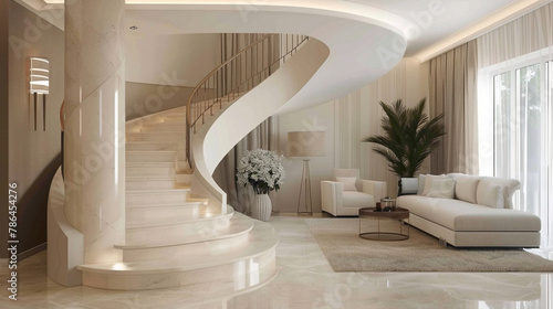 Elegant beige stairs with Scandinavian design elements in a cozy and sophisticated lounge.