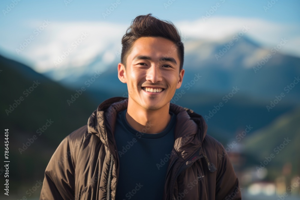 Portrait of a grinning asian man in his 20s wearing a trendy bomber jacket over backdrop of mountain peaks Portrait of a grinning asian man in his 20s wearing a trendy bomber jacket over backdrop of mountain peaks