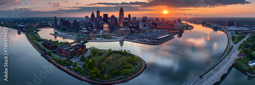 Breathtaking Aerial View of Cleveland, Ohio - An Exquisite Blend of Urban Architecture and Natural Beauty at Sunset