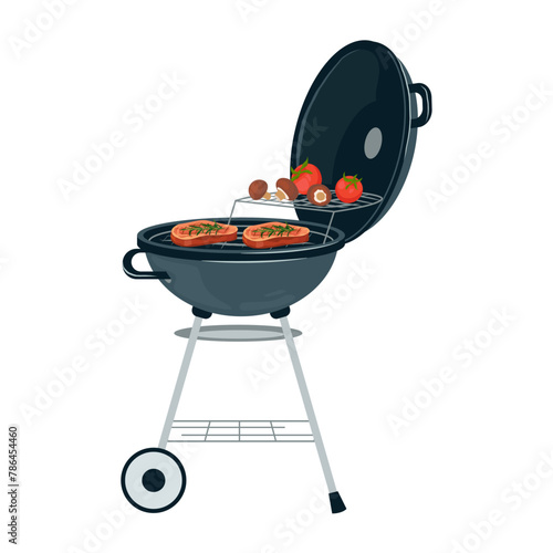 Vector illustration of Barbecue Grill. BBQ grill with roasted pork steaks and tasty grilled vegetables for summer party, isolated round barbeque in a flat style on white background.