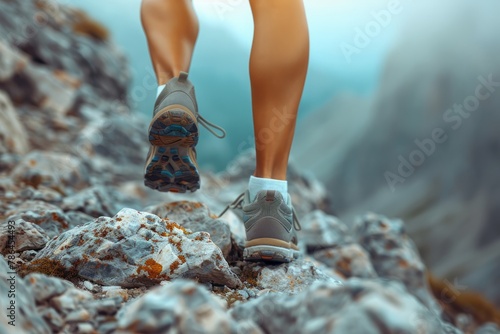 A woman is running up a mountain with her feet on a rocky surface photo
