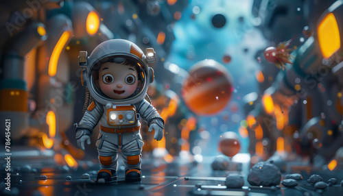 A cartoon astronaut is standing in front of a pile of planets by AI generated image