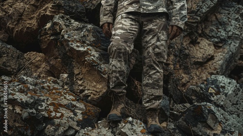Earthy tones of camouflage military uniform on rocky terrain