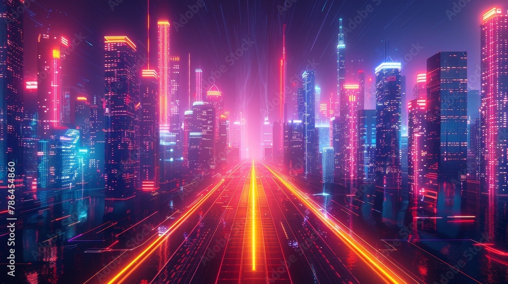 Illustrate the fusion of geometry and neon lights in a futuristic urban environment Illustrate the fusion of geometry and neon lights in a futuristic urban environment