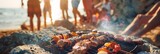 Appetizing aroma of grilled meat wafting from the air at a barbecue party on the beach