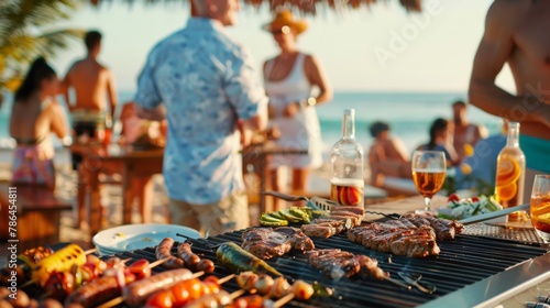 Appetizing aroma of grilled meat wafting from the air at a barbecue party on the beach photo
