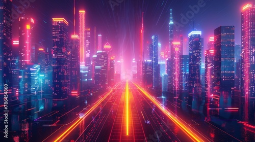 Illustrate the fusion of geometry and neon lights in a futuristic urban environment