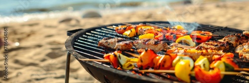 Beach party, guests enjoy grilled steak and hot sausage cooked on the grill