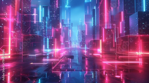 Illustrate the fusion of geometry and neon lights in a futuristic urban environment