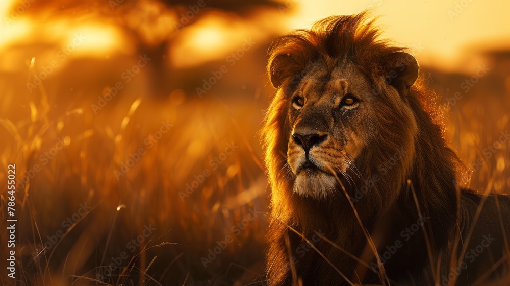  Majestic Lion Roaming the Vast Savannah Landscape at Sunset