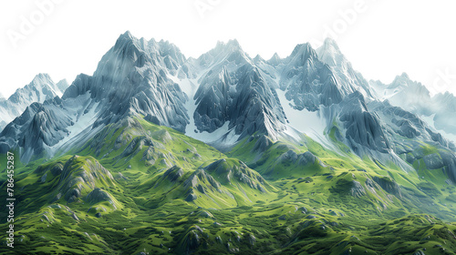 Snow mountain with green cover on transparent background, PNG photo