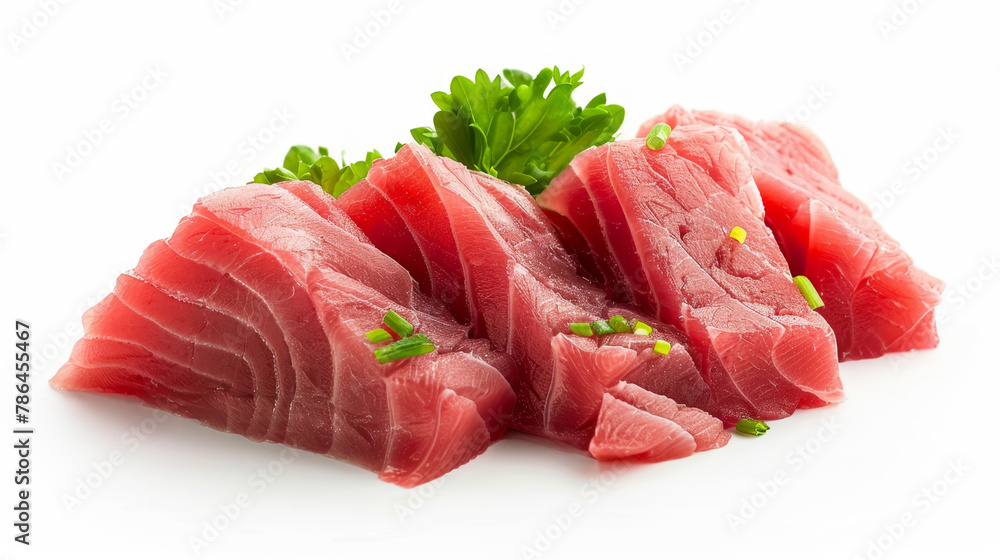 Close up of fresh appetizing tuna with greenery and black sesame seeds on a white background. Healthy lifestyle. World Tuna Day. May 2. Ocean Day June 8 concept. Generative AI Close up of fresh appetizing tuna with greenery and black sesame seeds on a white background. Healthy lifestyle. World Tuna Day. May 2. Ocean Day June 8 concept. Generative AI