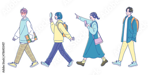 何かを探しながら歩くアニメ風の男女