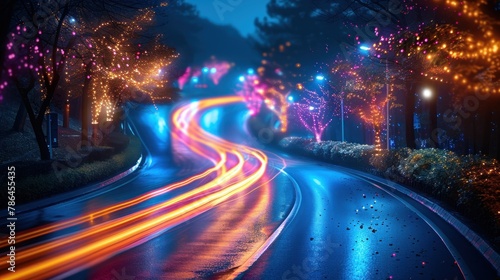 Slow shutter capture of car light trails in a city, night photography, night traffic in the city