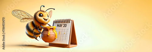 Cheerful Bee Flying Near Calendar and honey pot on yellow background. May 20, World bee day concept © Svetlana Kolpakova