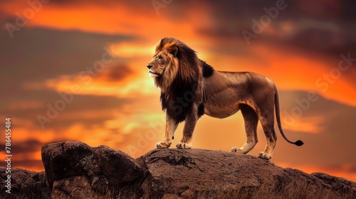  Majestic Lion Roaming the Vast Savannah Landscape at Sunset © willian