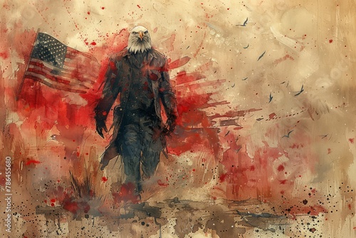 Stirring watercolor of an eagle with American flag, symbolizing strength and freedom..