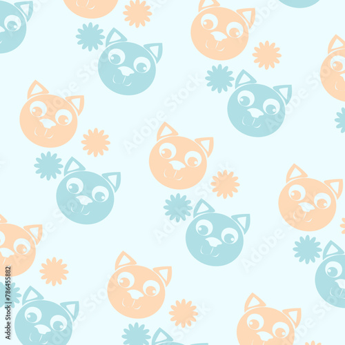 Pattern con musi di gattini e fiorellini, colori pastello