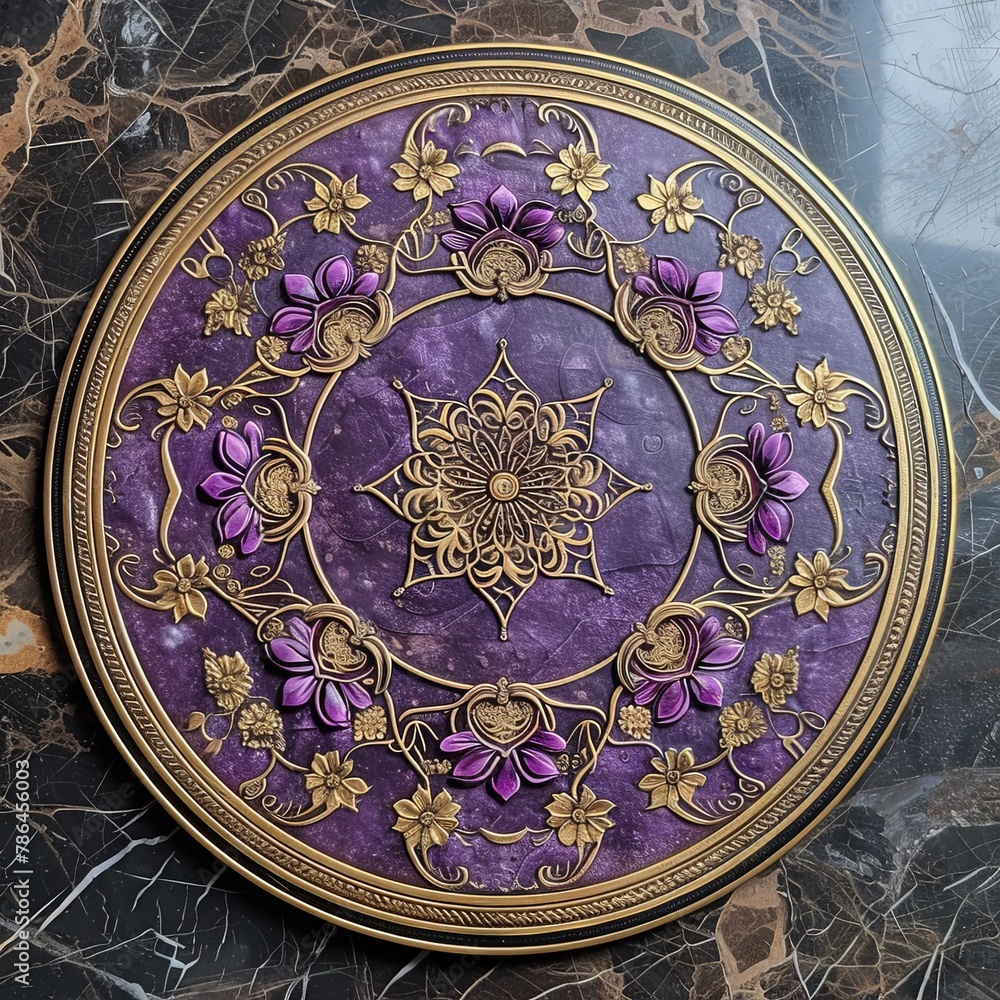 Purple and gold plate on marble counter