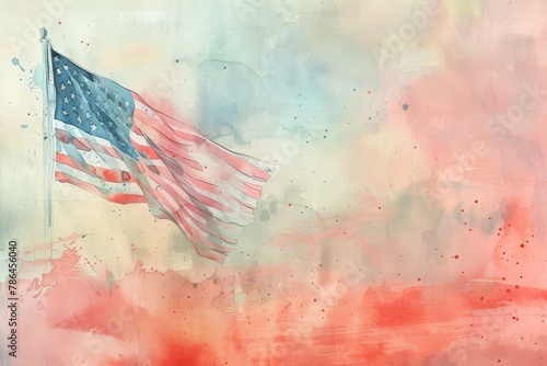 A delicate rendition of the American flag in watercolors, blending with a dreamy backdrop..