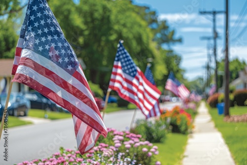 A vibrant suburban street adorned with American flags, symbolizing community pride and patriotism in a peaceful neighborhood..