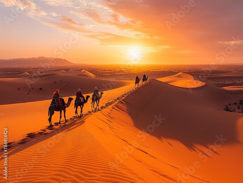 A surreal desert landscape with towering sand dunes stretching as far as the eye can see  with the silhouette of a camel caravan on the horizon desert dreams The warm  golden light of sunset casts