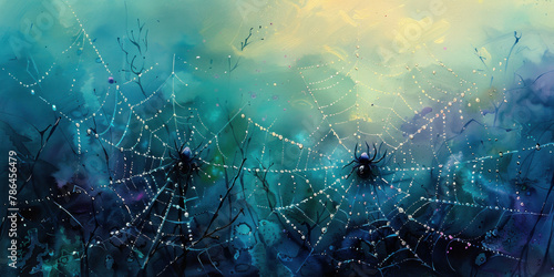 Glistening spider web with water droplets against a vibrant blue sky background