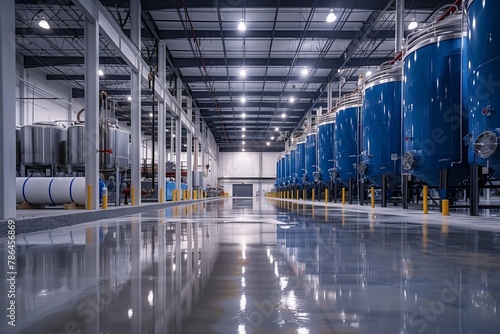 A building housing a large warehouse with rows of electric blue tanks for mass production. The flooring is engineered for symmetry, with glass fixtures and metal structures photo