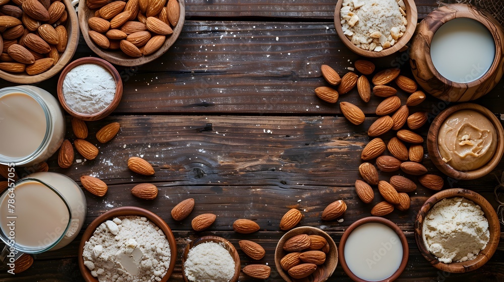 Versatile Almond Products Spread Across Rustic Wooden Table Showcasing Nutritional Benefits and Culinary Versatility Versatile Almond Products Spread Across Rustic Wooden Table Showcasing Nutritional Benefits and Culinary Versatility
