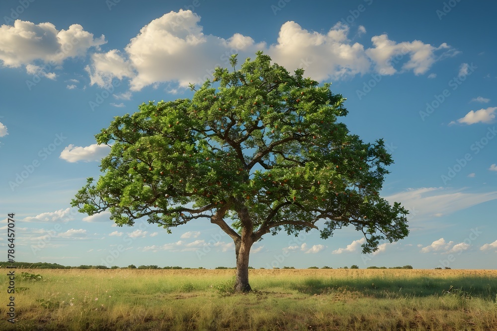 A Single Almond Tree Stands Tall in a Lush Field Ripe Almonds Adorning Its Branches Symbolizing the Importance of Individual Trees in the Almond A Single Almond Tree Stands Tall in a Lush Field Ripe Almonds Adorning Its Branches Symbolizing the Importance of Individual Trees in the Almond
