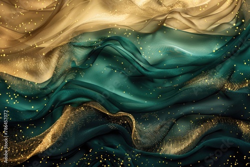 Shimmering green and gold satin textures with sparkling glitter creating an opulent background