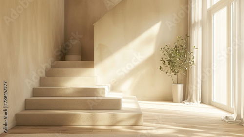 Graceful beige stairs in a cozy Scandinavian lounge with a window and soft natural lighting.
