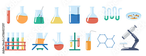 Laboratory equipment. Medical laboratory test tubes with chemical reagents. Scientific tools for experiment and research, glassware decent vector set