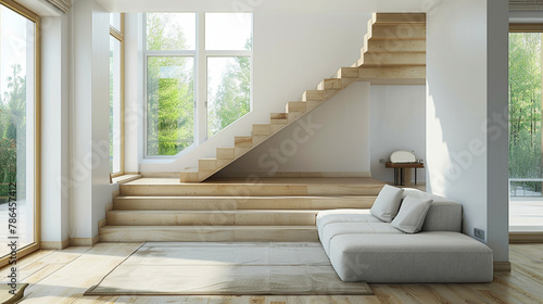 Scandinavian beige staircase adding elegance to a modern and cozy lounge. © ASMAT