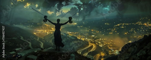 Surreal nighttime outdoor color photo of a cloaked woman on a high ledge over a panoramic cityscape, holding objects that project long light beams. From the series “Cosmic Living,