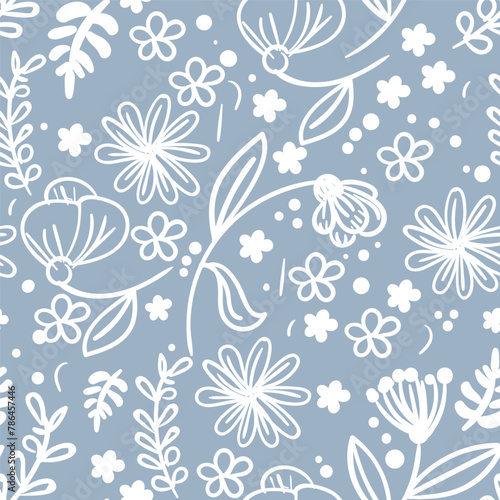 Two-color doodle floral pattern. Design for wallpaper, wrapping paper, background, fabric. Vector seamless pattern with hand drawing flowers.  photo