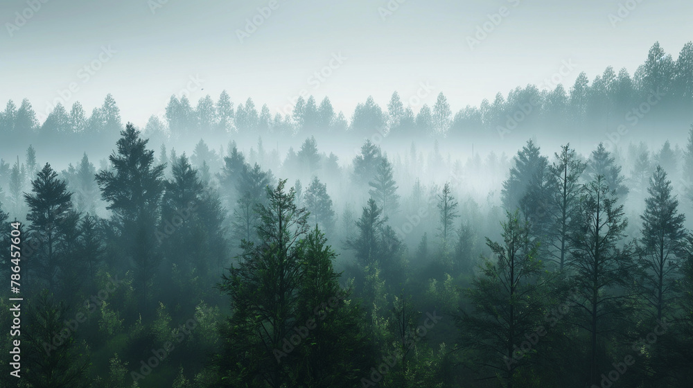 Misty landscape, fog over forest Misty landscape, fog over forest