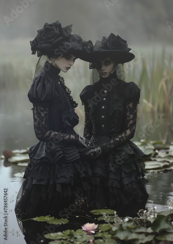 Realistic outdoor color photo of two young women wearing elaborate black Victorian dresses and hats and standing in a garden, looking at the viewer. From the series “The Lovely Ladies.”