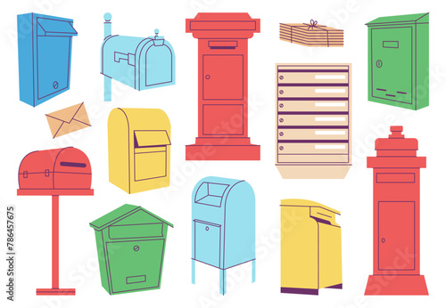 Cartoon mailboxes. Isolated mailbox, different letterboxes for letters and bills. Postal elements, envelopes pile with rope. Classic postbox decent vector set