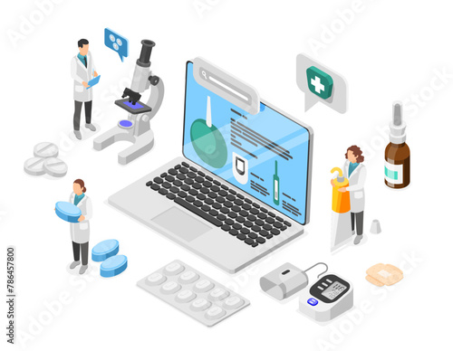Online medical support. Isometric telemedicine concept, healthcare, pharmacy and research. Doctors and pharmacist with pills, flawless vector scene © MicroOne