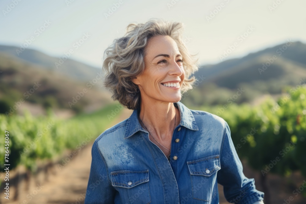 Portrait of a happy woman in her 60s sporting a versatile denim shirt in backdrop of rolling vineyards