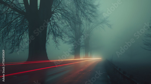 Light trails through fog or mist, science and technology, copy space