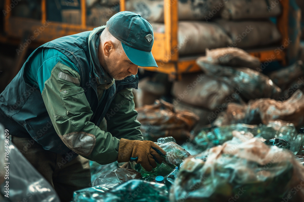 Recycling. Man Sorting Plastic Waste: Concept of Waste Management and Environmental Activism