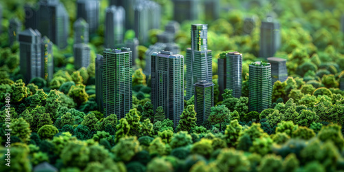 A green cityscape model with skyscrapers and buildings nestled among lush trees, representing the concept of sustainable urban development. green building, eco friendly building concept