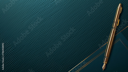 Dark blue background with gold lines and feather on the right side, elegant style flat design.
