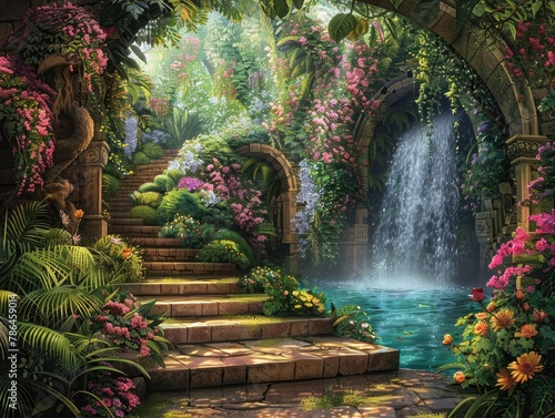 A tranquil garden oasis with lush vegetation, trickling waterfalls, and colorful flowers in bloom botanical paradise The serene beauty of the garden is captured in stunning detail, with the vibrant