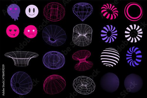 3D wireframe 00s style. 3D Wireframe Y2K. Retro cyberpunk style.Set of retro-futuristic elements