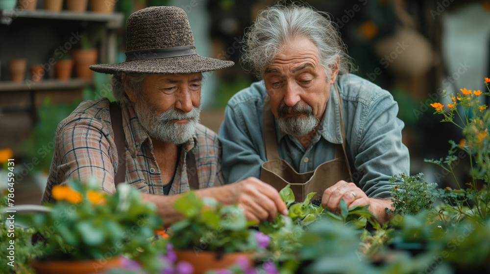Fototapeta premium Happy elderly couple gardening together in their lush garden
