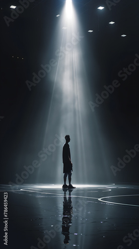 Silhouette of a Basketball Player Preparing for a Game Under Spotlight © slonme
